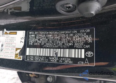 2008 Toyota Prius from USA, damaged, VIN JTDKB20U687767677